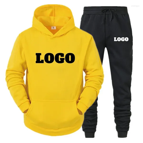 Calças de duas peças femininas logotipo personalizado agasalho com capuz conjunto outono inverno velo engrossar roupas diy masculino moletom com capuz