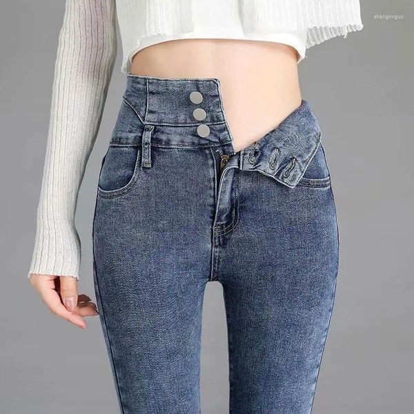 Calças femininas inverno grosso veludo mulheres cintura alta jeans magros simples lã quente magro ajuste estiramento senhoras casual denim lápis y2k