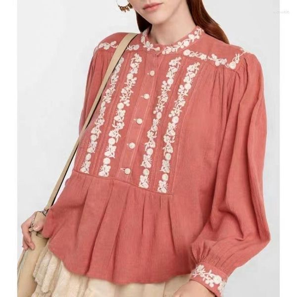 Blouses femininas 2023 Primavera e verão Oferta Oferta feminina Floral Bordery Round Neck Dech Sleeved Shirt