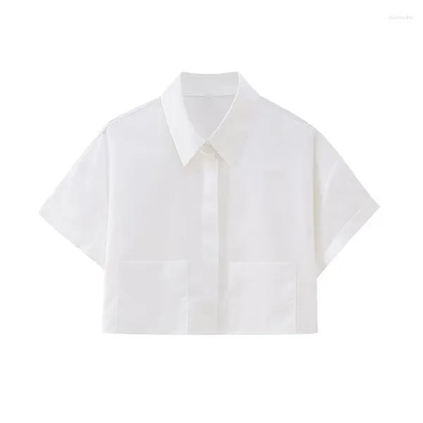 Damenblusen 2023 Sommer-Popeline-Kurzhemd Revers Kurzarmtasche Einfache weiße All-Match-Mode-Straßenkleidung