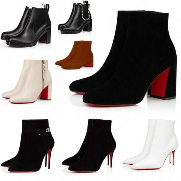 Designer de luxo mulheres botas de fundo vermelho popular na moda botas curtas vestido tornozelo saltos luxo vermelhos solas salto feminino festa bota