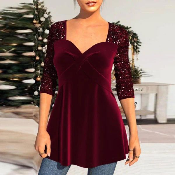 Camicette da donna Camicetta tinta unita Donna Stile ampio Top Splendido scollo a V con paillettes lusinghiero A-line Silhouette Cross Lady For