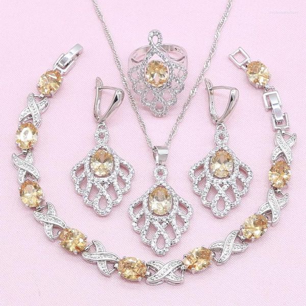 Collana Orecchini Set Champagne Pietre semipreziose Colore argento squisito Per bracciale da donna Anello con ciondolo Confezione regalo