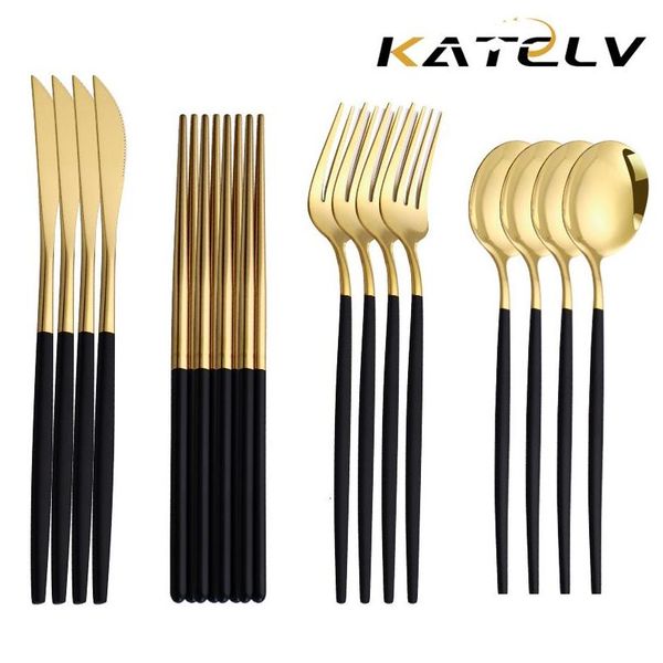 Conjuntos de louça 1216 pcs preto ouro talheres conjunto pauzinhos faca garfo colher de ouro aço inoxidável coreano luxo talheres gota deli dh7xh
