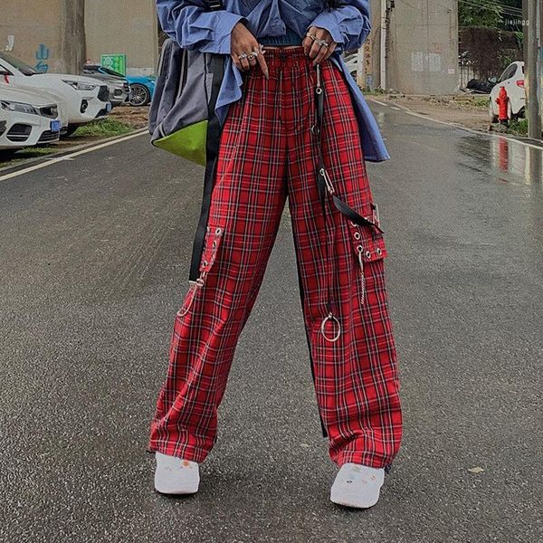Pantaloni da donna Punk Cargo Plaid Donna Gotico Harajuku Pantaloni a gamba larga a scacchi rossi per autunno femminile Streetwear Hippie Fashion E Girl