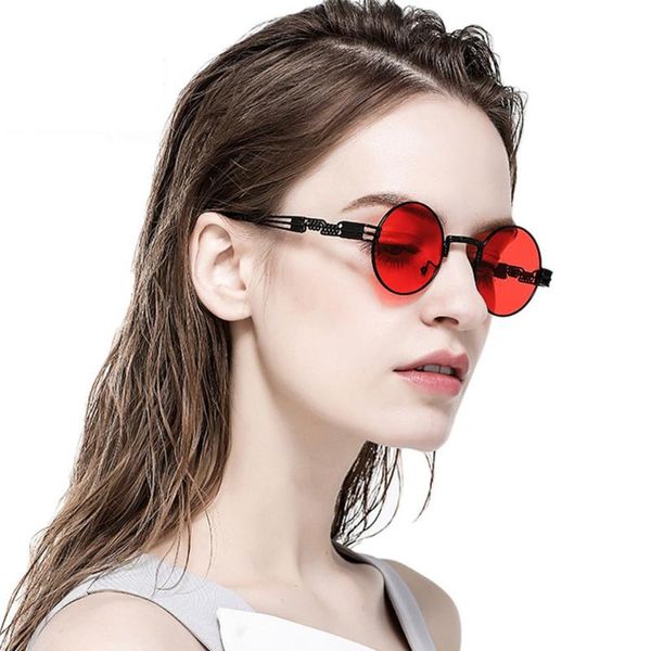 Sonnenbrille Marke Classic Steampunk Metall Runde Damen Retro Punk Brille Spiegelbeschichtung Schutzbrille Reise Rot Rosa Gelb