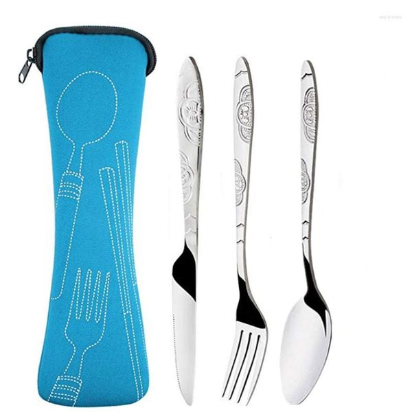 Set di stoviglie 3 pezzi Set di coltelli da bistecca forchetta cucchiaio in acciaio stampato portatile Posate da viaggio con borsa