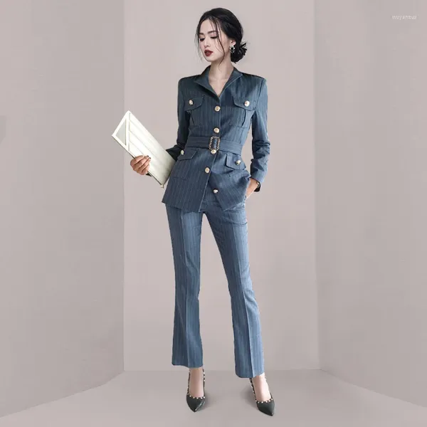 Frauen Zweiteilige Hosen JAMERARY Herbst Winter Set Frauen Einreiher Blazer Anzug Mäntel Dünne Lange Flare Anzüge Dame Büro arbeit