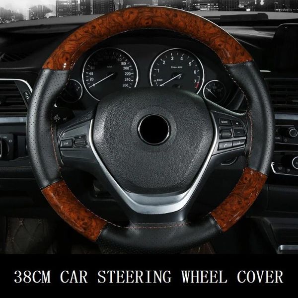 Capas de volante DIY 38cm Universal Auto Cover Grão de madeira Ponto de couro antiderrapante resistente ao desgaste moda estilo interior do carro