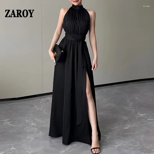 Vestidos casuais Zaroy mulheres noite vestido longo sem mangas gola sexy lado split sólido preto seda festa verão praia vestidos