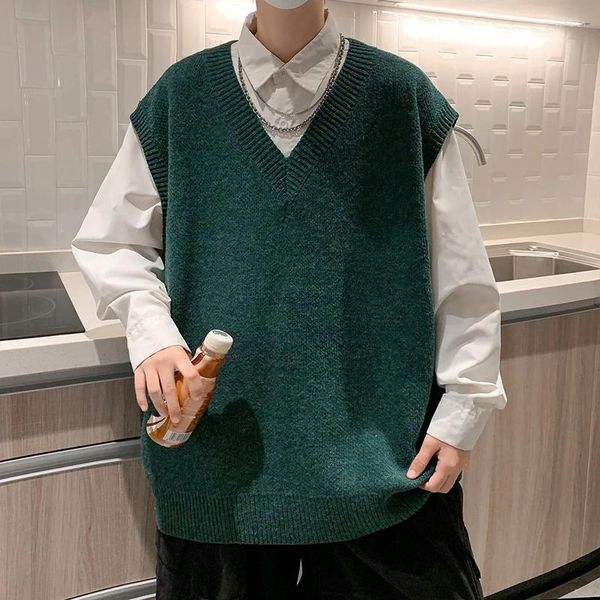 Мужские свитера, весенне-осенние мужские утепленные свитера с v-образным вырезом, жилет без рукавов, вязаные однотонные жилеты в стиле ретро, простой повседневный стиль
