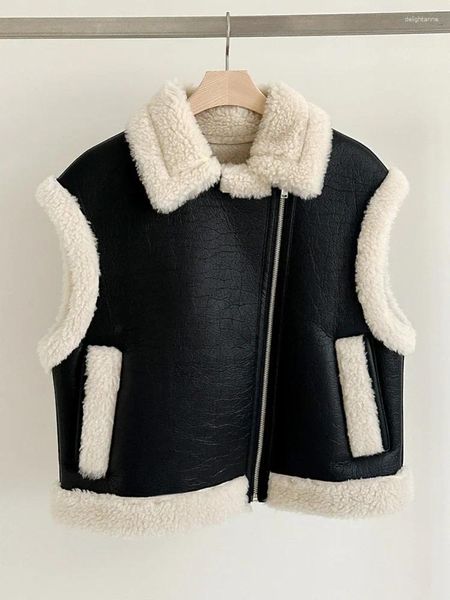 Gilet da donna Autunno Inverno Donna High Street Gilet in pelliccia di agnello in pelle sintetica Lady Casual Cappotto senza maniche con risvolto caldo spesso