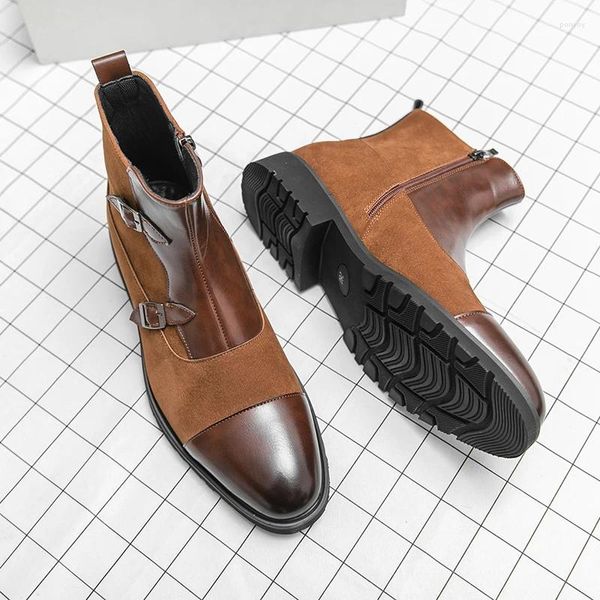 Botas inverno high-end tornozelo vestido masculino camurça sapatos de couro apontou alto negócio curto