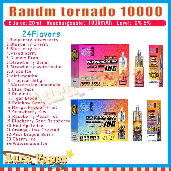 Orijinal Randm Tornado 10000 Puff Tek Kullanımlık Elektronik Sigara Şarj Edilebilir Pil 1000mah 24 Flavors Elektronik Sigara Puff 2% 5% RBG Işık Kalemi