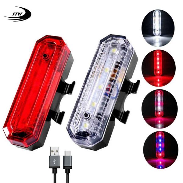 Luzes de bicicleta FTW Luz traseira USB recarregável à prova d'água traseira traseira LED Night Cycling Safety Aviso Vermelho Cuidado Lâmpada de lâmpada