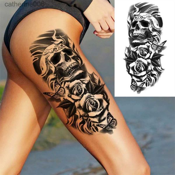 Tatuagens coloridas desenho adesivos morte crânio flor tatuagem temporária para mulheres meninas cobra pássaro peônia tatuagem adesivo preto falso flor sexy tatoo transferência adultol2