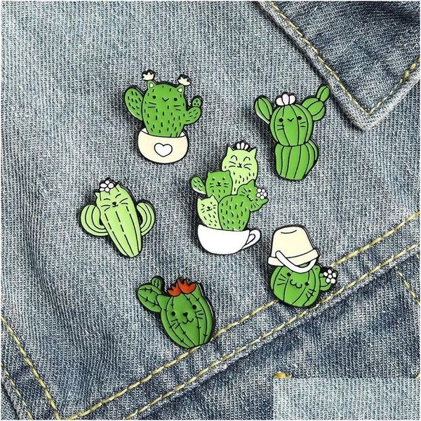 Acessórios dos desenhos animados Bonito Gato Verde Cactus Esmalte Broches Pin para Mulheres Menina Moda Jóias Metal Vintage Pins Badge Atacado Presente D Dhb2L