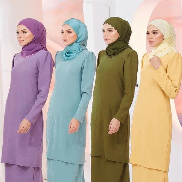 Abbigliamento etnico Ready Stock Manica intera Kebaya Tinta unita Abaya Abito musulmano Islamico Elegante Tinta unita Verde con abito in caftano pieghettato sul retro