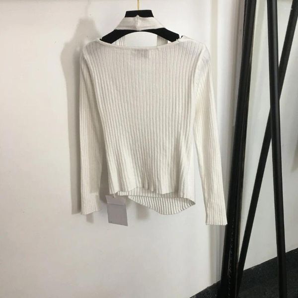 Suéteres femininos cor sólida clavícula-osso malha superior outono/inverno base irregular com decote em v camisola curta moda