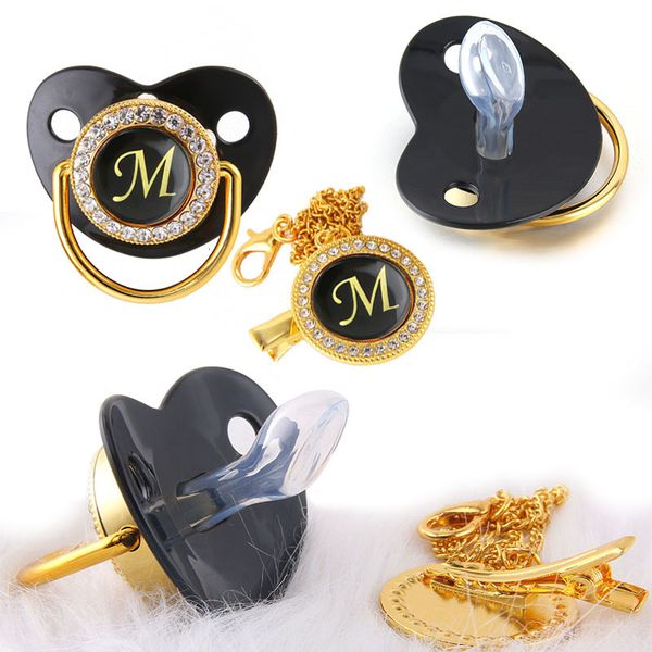 Porta ciuccio Clip # Nero Bling Baby E Clip Alfabeto Lettera M Infant Oro Nome univoco Iniziali Doccia Regalo 230427