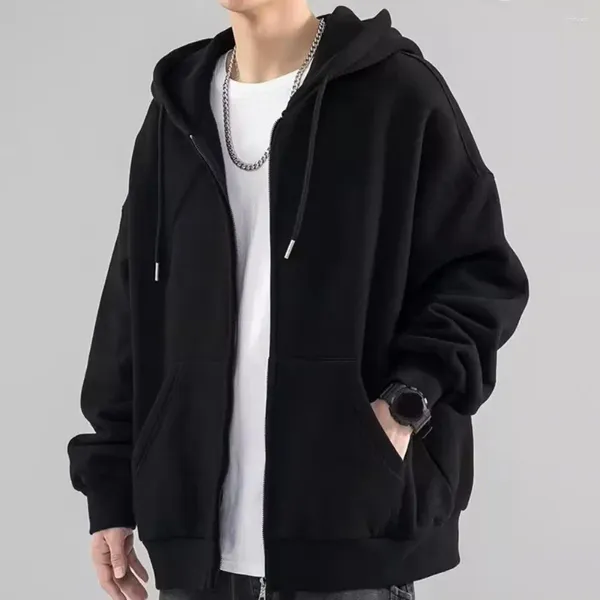 Hoodies masculinos homens cor sólida casaco grosso cardigan jaqueta com cordão fecho bolsos quente elegante inverno outono