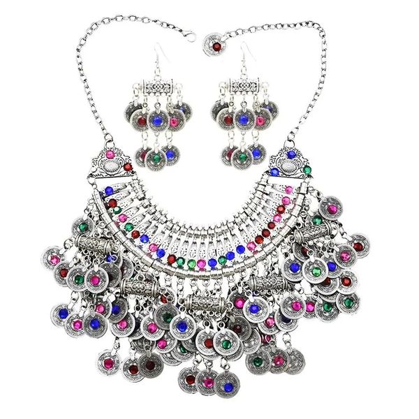 Hochzeitsschmuck Sets afghanische silberne Farbmünze Quaste Laiten Statement Halskette Ohrring -Sets für Frauen türkischer Zigeuner Strass Halskette Party Schmuck 231128