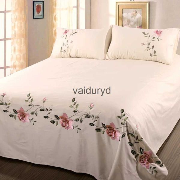 Set di lenzuola WOSTAR Lenzuolo piatto design ricamo flora rosa tinta unita biancheria da letto in twill di cotone tinta unita tessili per la casa di lusso queen king sizevaiduryd