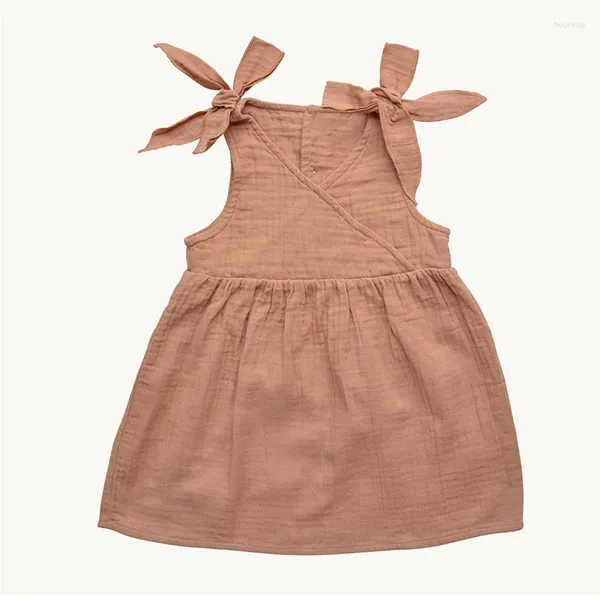 Платья для девочек, хлопковое муслиновое платье с завязками на плечах, летнее милое детское свободное платье с v-образным вырезом, повседневная детская одежда TZ384