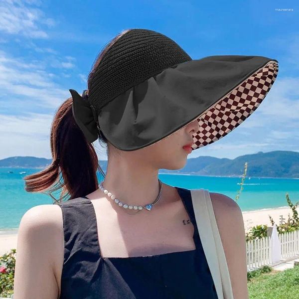 Cappelli a tesa larga Cappello da donna per le vacanze Cappello da spiaggia Protezione solare Grande visiera parasole Fiocco di paglia a trama cava