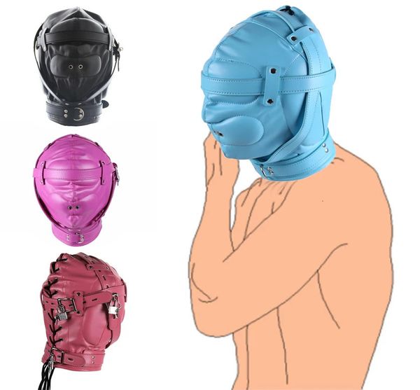 Giocattoli per adulti Chiusura in morbida pelle Maschera con cappuccio completo con foro per la respirazione Deprivazione sensoriale Copricapo BDSM Bondage Gimp Schiavo Giochi di ruolo Giocattoli sessuali 231128