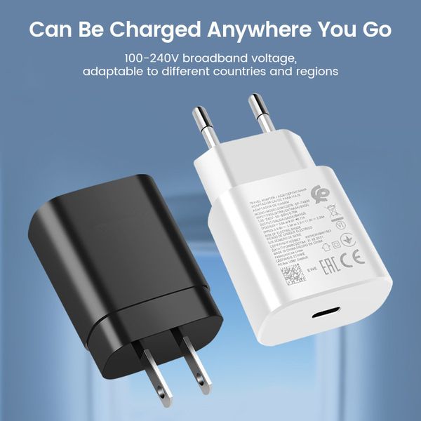 Carregador super rápido usb tipo c de 25w, adaptador de viagem europeu para samsung galaxy s23 s22 s21 s20 ultra plus a53 a52 a14 iphone pixel