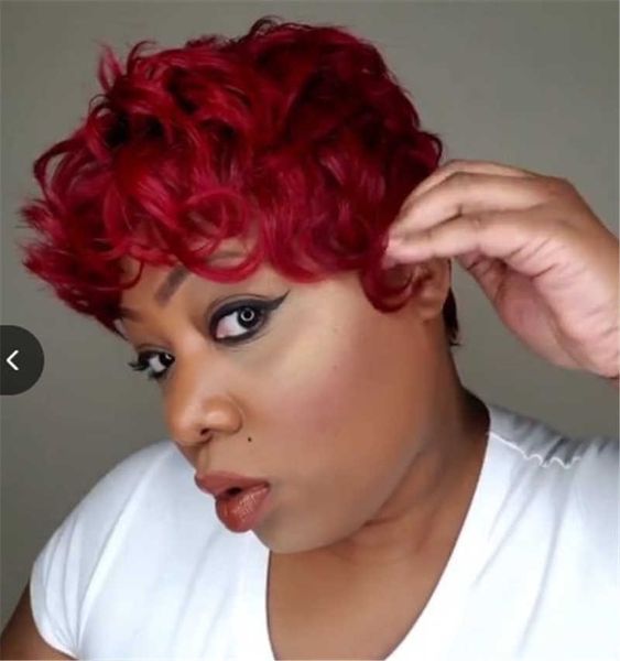 Perucas sintéticas peruca personalidade feminina cabelo curto encaracolado vinho vermelho estilo ffy feminino na moda falso cabeça capa