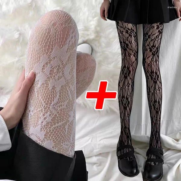 Damensocken, 1/2 Paar, sexy schwarz-weiße ausgehöhlte Strümpfe, Gothic-Strumpfhose mit Netzstoff und klassischer Blumen-Netzstrumpfhose