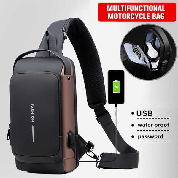 Frame externo Pacote criativo USB Charging Sport Sling Bag Masculino Antitheft Baú com trava de senha Alça de ombro ajustável em execução 230427