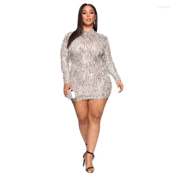 Partykleider Stehkragen Hüftpaket Meimaid Plus Size Kurzes Cocktailkleid Sexy Pailletten über dem Knie Frauen Bankett Abendkleid JQ985