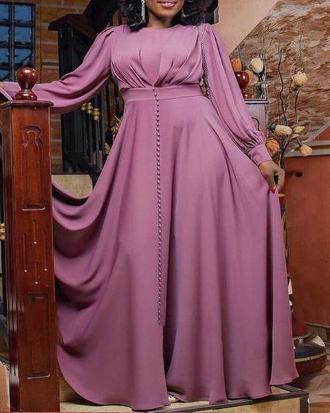 Vestidos de baile outono rosa roxo cintura alta temperamento chiffon sólido saia grande manga bolha