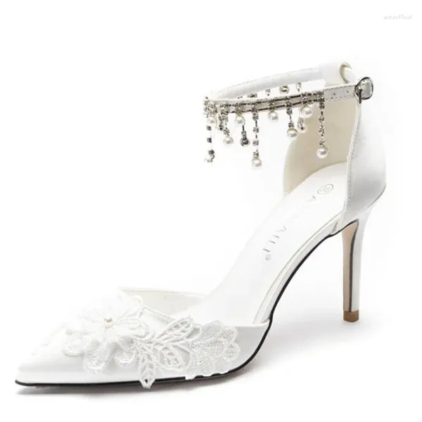 Scarpe eleganti Matrimonio francese Perla Nappa Catena Fiori di pizzo Décolleté da donna vuoti con cinturino da sposa con tacco alto bianco