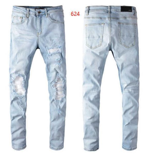 Amrii Strappato Designer Y2k Uomo Marca High Street Blue Hole Jeans Uomo Patch Slim Pantaloni in denim elastico Prezzo Skinny Vita bassa Scratch Mid4297634