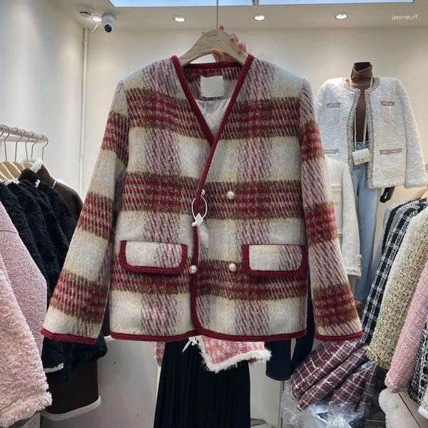 Lã feminina gola v dupla fileira botão xadrez material engrossa outono inverno versão coreana solto temperamento casaco