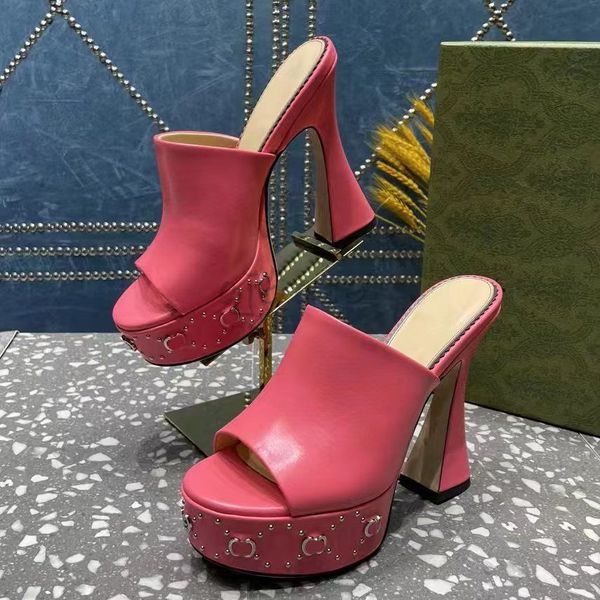 Designer donna piattaforma scivolo sandalo rosa derma lettera incastro salice chiodo fondo spesso tacco grosso pantofole peep toe moda signora tacchi alti