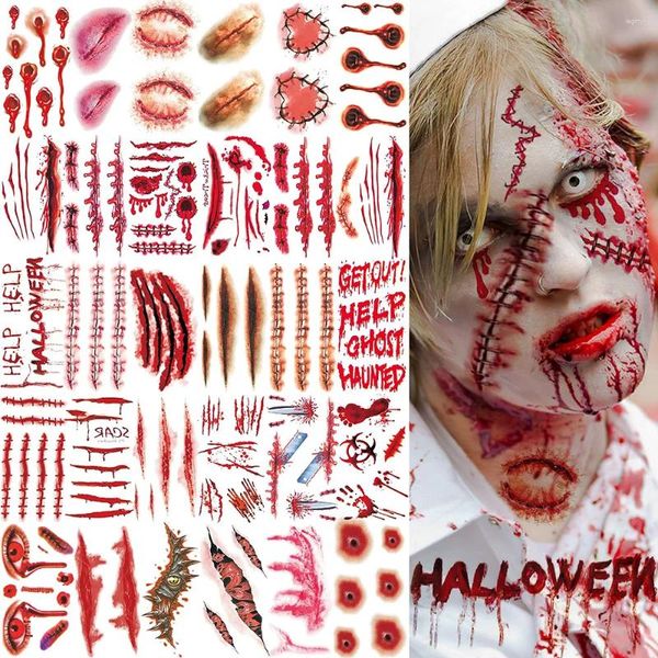 Decorazione per feste 30pcs/set di Halloween tatuaggi temporanei tatuaggi zombi cicatrice cicatrice ferita sangue sanguinamento tatuaggi adesivi per bambini donne uomini cosplay