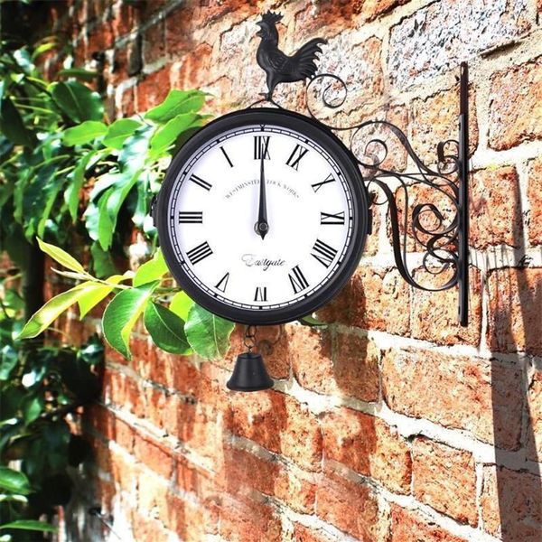 Retro Hahn Vintage Hängende Wanduhr Zeit Runde Quarz Antik Dekorative Garten Eisen Kunst Outdoor Doppelseitig12110