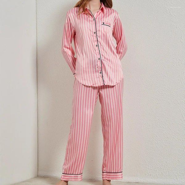 Kadınlar için Kadınlar Moda Pijamaları Çizgili saten ipek ev kıyafetleri bayanlar gece aşınma kıyafetleri 2023