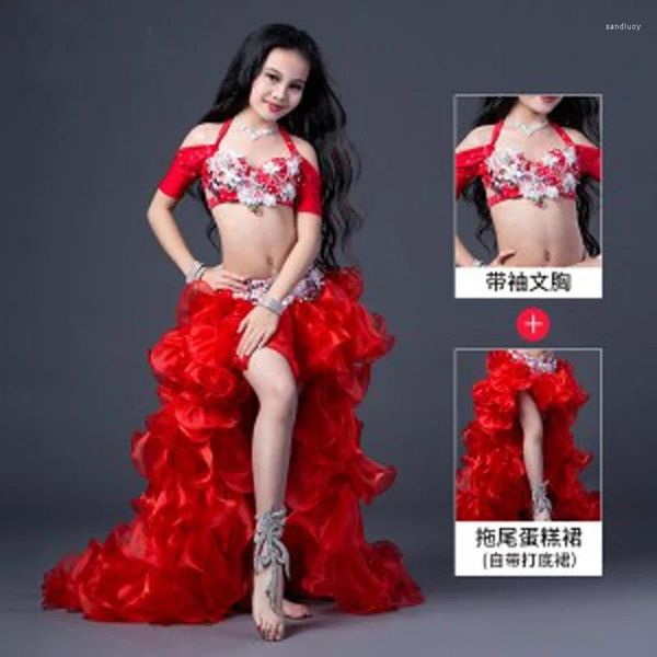 Palco desgaste luxo oriental dança traje vestido para crianças/criança/meninas sexy feito à mão roupas de dança profissional desempenho tosskirt