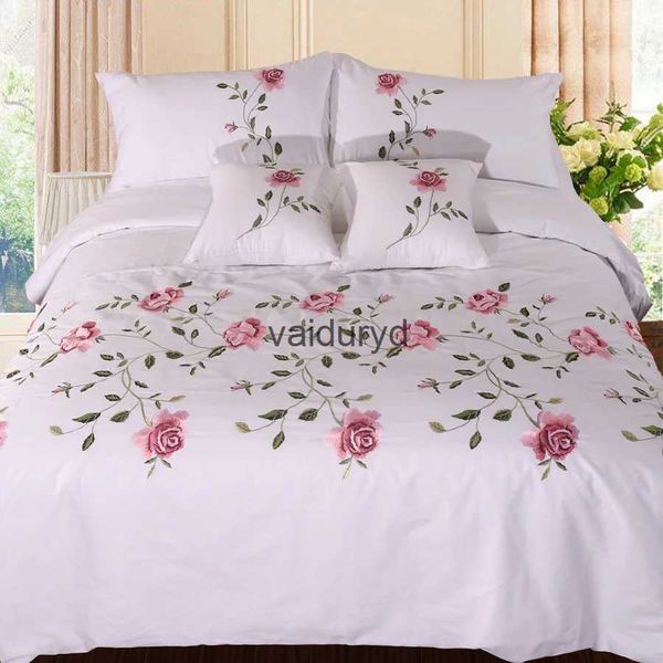 Set biancheria da letto Set morbido cotone Biancheria da letto Fiori Ricamo Bianco Rosa Grigio Copripiumino 220x240 foglio Twin Full Queen King sizevaiduryd