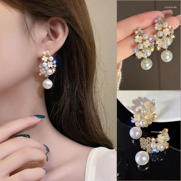 Dangle Küpeler Kore Moda İnci Rhinestone Garland Damla Kadınlar İçin Damla Zarif Lüks Retro Fransız Vintage Çiçek 2023