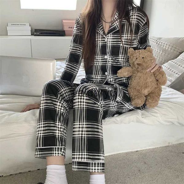 Roupas para casa SUO CHAO xadrez novo estilo pijama feminino casual pequena lapela manga comprida terno de duas peças roupasvaiduryd