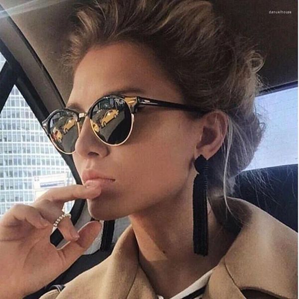 Occhiali da sole vintage con rivetto tondo da donna firmati occhiali UV400 occhiali da sole retrò femminili semi-senza montatura eleganti