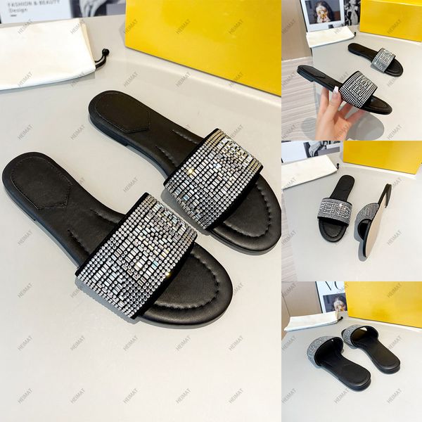 Designer Mulheres Sandálias Chinelos Lantejoulas Cor Diamante Decoração Material de Couro F Material Metal Logo Moda Sapatos Casuais Sandálias de Praia com Caixa e Saco de Pó