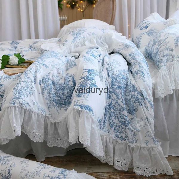 Bettwäsche-Sets, Super-Luxus-Bett-Set, Queen-Size-Größe, große Designer-Bettwäsche mit Spitzenrüschen, florales Baumwollleinen, Westeuropa, Geschenkverpackung